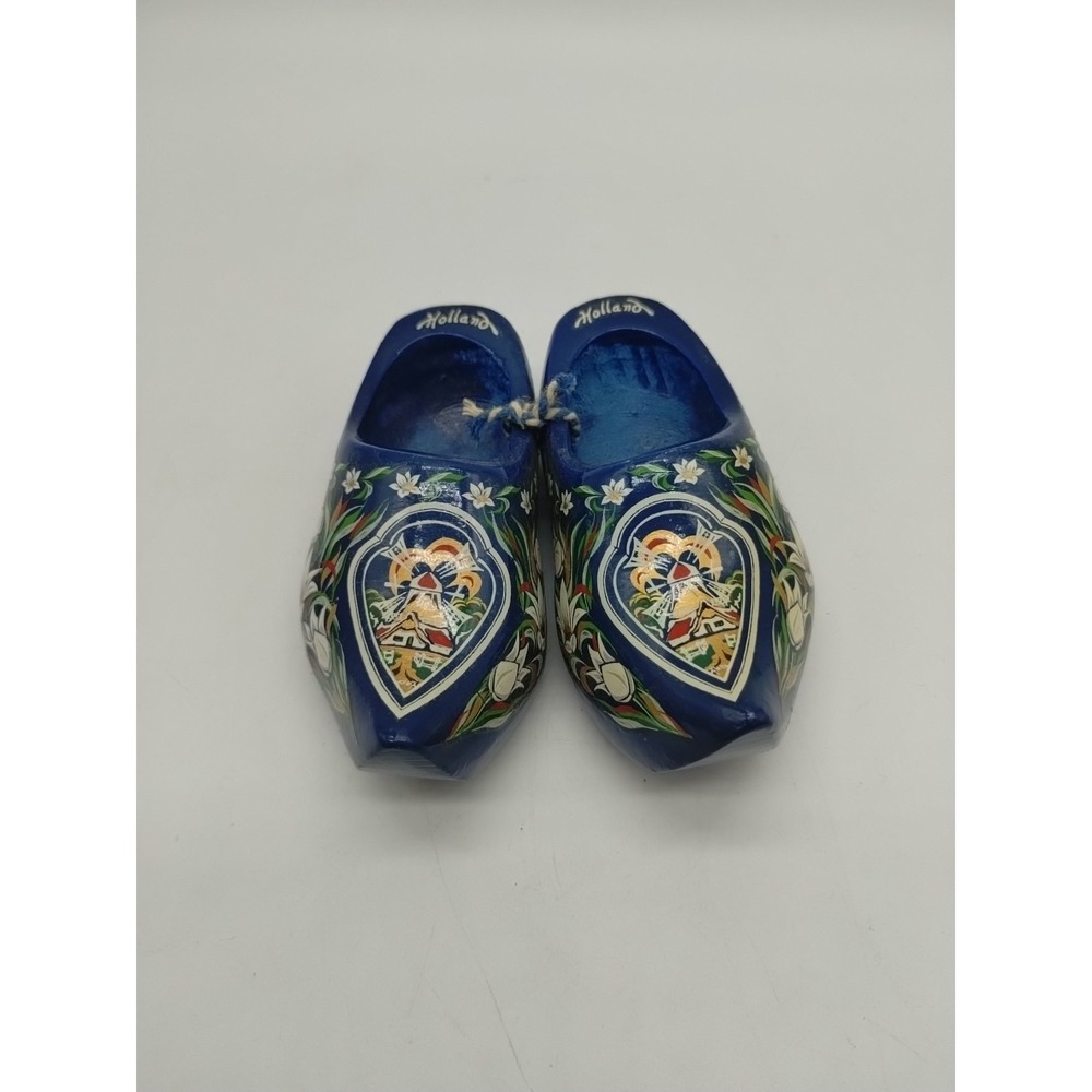 Holland Hand Carved Wooden Clogs Shoes Hand Painted Windmill Dutch Souvenir Mini